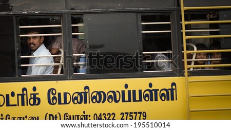 THANGAUR, INDIA-FEBRUARY 13: Indian bus 13, 2013 in Thangaur, India. People in the indian bus.