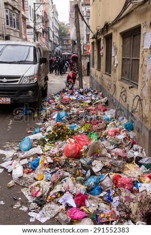 KATHMANDU, NEPAL-MARCH 16: Trash in Kathmandu 16, 2015 in Kathmandu, Nepal. Trash on the streets of Kathmandu.