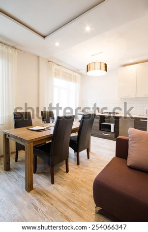 Modern interior of a living room studio. Kitchen with dinner table. Vertical view