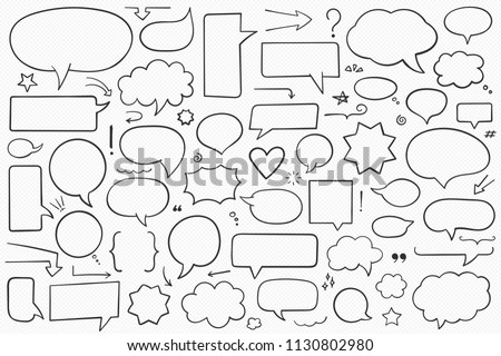Collection of hand drawn speech bubbles, arrows and other design elements, contour shapes, vector eps10 illustration