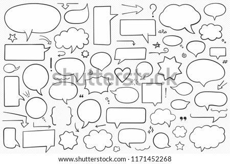 Collection of hand drawn speech bubbles, arrows and other design elements, solid shapes, vector eps10 illustration