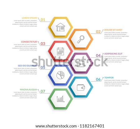 Infographic template with 7 hexagons with line icons, process chart, vector eps10 illustration