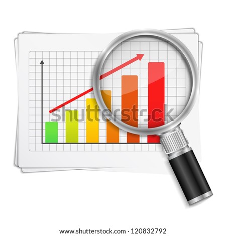 Magnifying glass showing rising bar graph, vector eps10 illustration