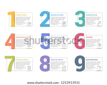 Set of nine numbers with place for your text, can be used as steps, options, process design, workflow, vector eps10 illustration