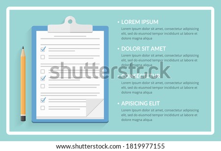 Survey or test concept, clipboard with documents with check boxes and pencil, background with white frame and place for your text, vector eps10 illustration