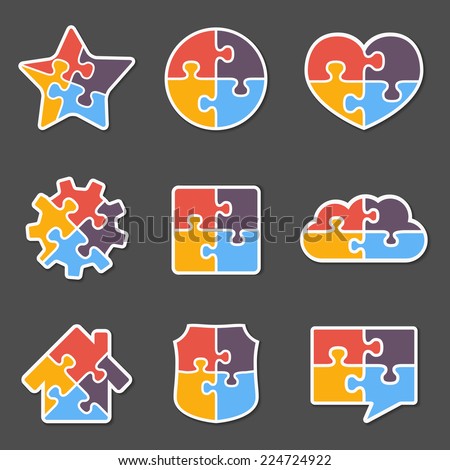 Set of different puzzle objects with four pieces, vector eps10 illustration
