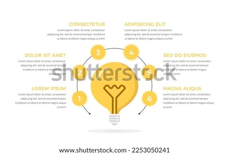 Education infographics template with bulb and six circles around it with numbers and place for your text, vector eps10 illustration