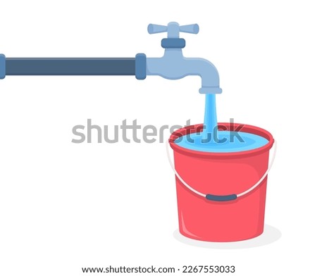 Tap and red bucket filled with water, vector eps10 illustration