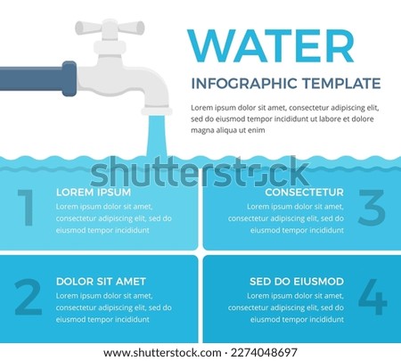Infographic template with tap and four elements with numbers and text, water infographics, vector eps10 illustration