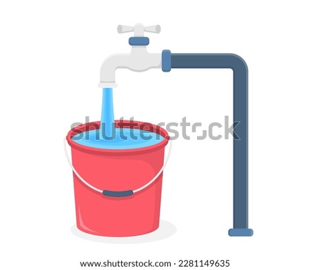Tap and red bucket filled with water, vector eps10 illustration