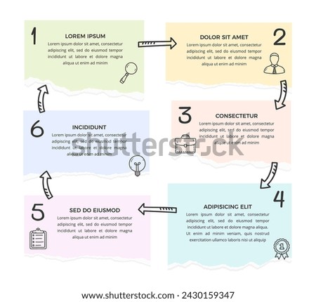 Infographic template with six paper notes connected with hand drawn arrows, circle diagram, vector eps10 illustration