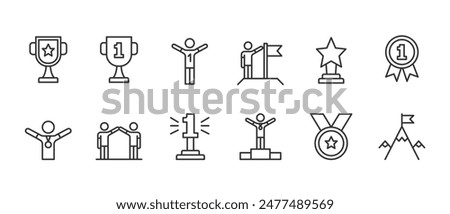 Champion, first place - flat line icons set, editable stroke, vector eps10 illustration