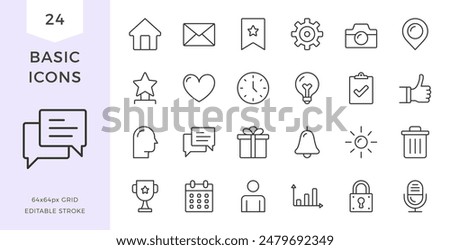 Basic flat line icons set - house, email, calendar, chat and other icons. Pixel perfect, editable stroke, vector eps10 illustration