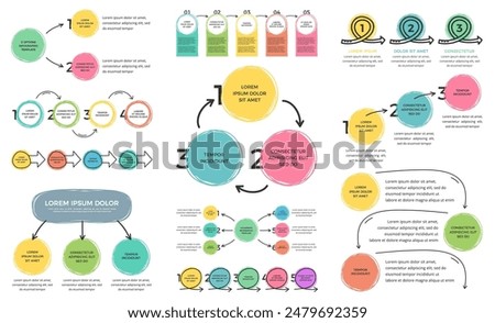 Set of infographic templates with hand drawn elements, flowchart, circle diagram, process, steps and options, vector eps10 illustration