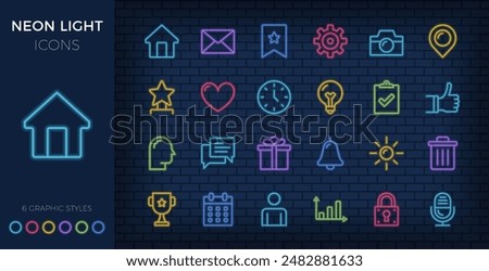 Basic flat line icons set, neon light style - house, email, calendar, chat and other icons, vector eps10 illustration