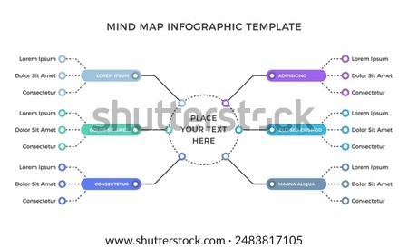 Mind map infographic template with six branches, vector eps10 illustration