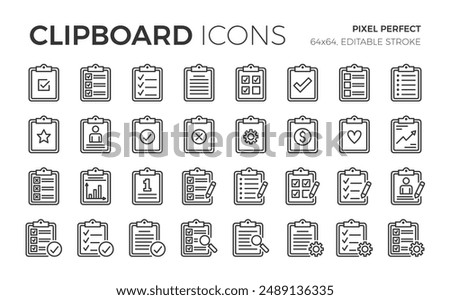 Collection of icons with clipboard - check list, report, survey, questionnaire, pixel perfect, editable stroke, vector eps10 illustration