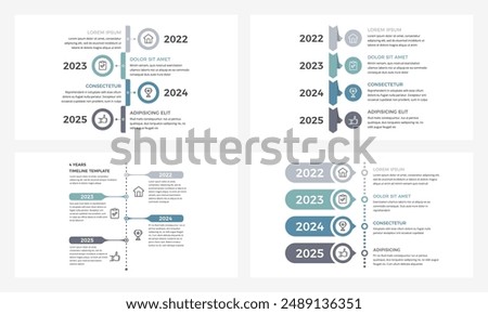 Four presentation slides featuring vertical timeline templates with four elements, representing a stages or milestones in a sequential process, vector eps10 illustration