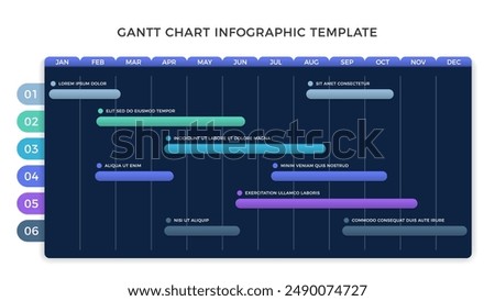 Project timeline infographic template with 6 tasks, gantt chart, dark background, vector eps10 illustration