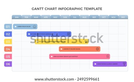 Gantt chart, project plan with 6 tasks, timeline infographic template, vector eps10 illustration