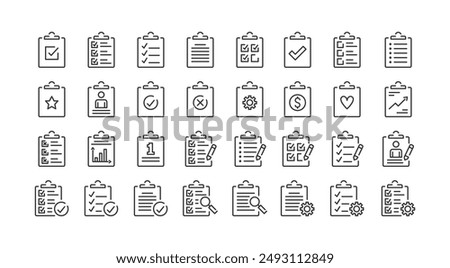 Clipboard thin line icons - check list, report, survey, questionnaire. Pixel perfect, editable stroke, 64px grid, vector eps10 illustration