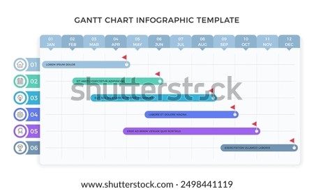 Gantt chart template, project plan with 6 tasks, timeline infographic template, vector eps10 illustration