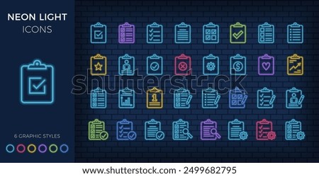 Line icons with clipboard, neon light style, brick wall background - check list, report, survey, questionnaire, vector eps10 illustration