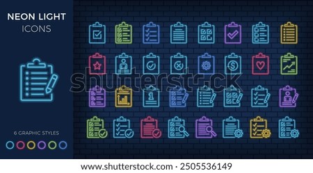 Line icons with clipboard, neon light style, brick wall background - check list, report, survey, questionnaire, vector eps10 illustration