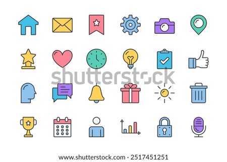 Colored basic flat line icons set - house, email, calendar, chat and other icons, editable stroke, vector eps10 illustration