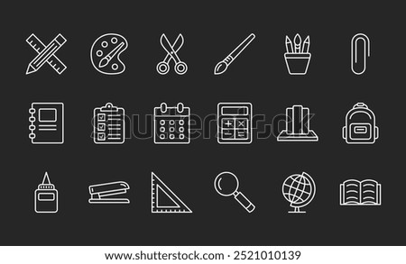 School stationery line icons, editable stroke, dark background, vector eps10 illustration