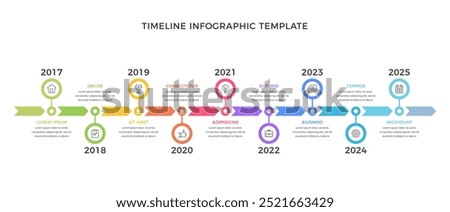 Long horizontal timeline infographic template with nine parts, vector eps10 illustration