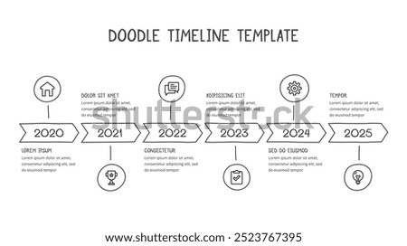 Hand drawn timeline infographics template with six arrows, vector eps10 illustration