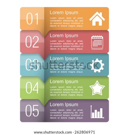 Infographics design template with five elements, text boxes with numbers and icons, vector eps10 illustration