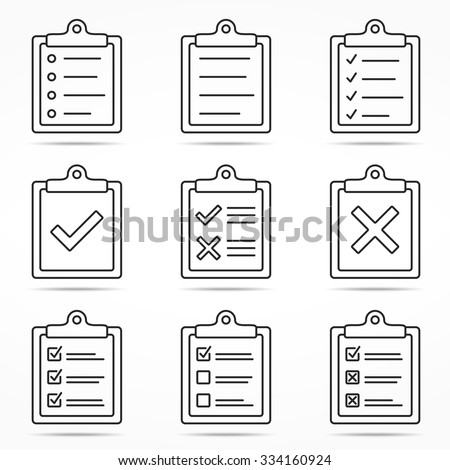Clipboard icons with check and cross symbols, minimal line style, vector eps10 illustration
