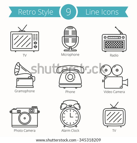 Set of 9 line icons of retro style objects - tv, microphone, radio, gramophone, phone, video and photo camera, alarm clock, vector eps10 illustration