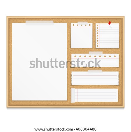 Bulletin board with paper attached by tape and push pin, corkboard with paper notes, vector eps10 illustration Foto d'archivio © 