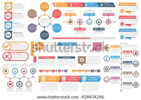 Infographic elements - objects with numbers amd text, timeline infographics, check and cross symbols, circle diagram, speech bubbles, process charts infographics, vector eps10 illustration