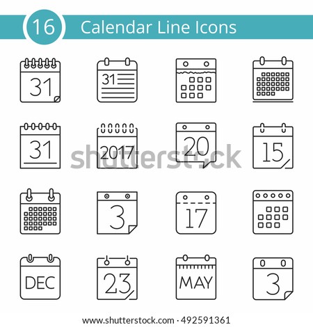 Set of 16 calendar line icons, vector eps10 illustration