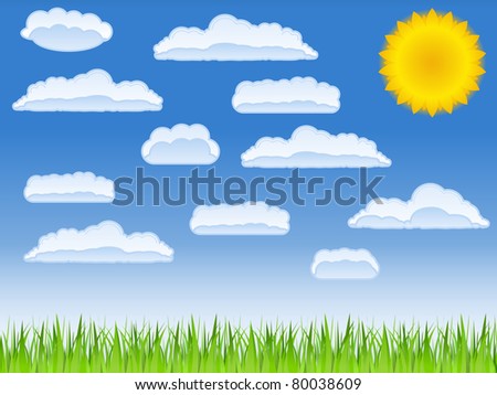 Vector green grass, sun and clouds