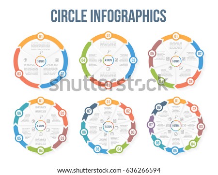 Circle infographic templates with 3, 4, 5, 6, 7 and 8 elements, steps or options, workflow or process diagram, data vizualization, vector eps10 illustration