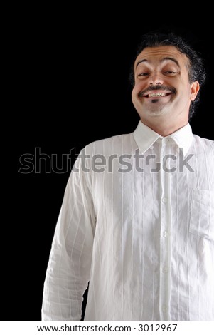 Man with a fake smile over black background