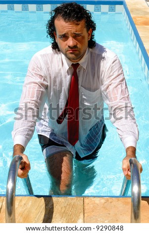 Wet Businessman leaving his work - Swimming Pool
