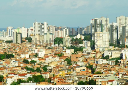 Contrast of the Poverty and Wealth in Salvador of Bahia - Brazil. Slum and Buildings.