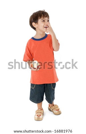 Happy Kid holding a bite apple on white .