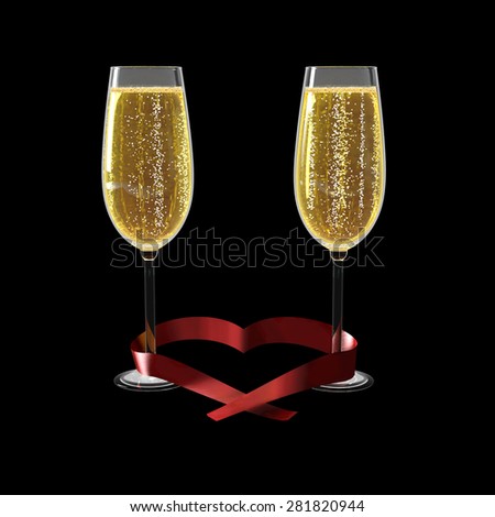 Two glasses of good champagne and a ribbon heart shaped on a white background which symbolizes love.