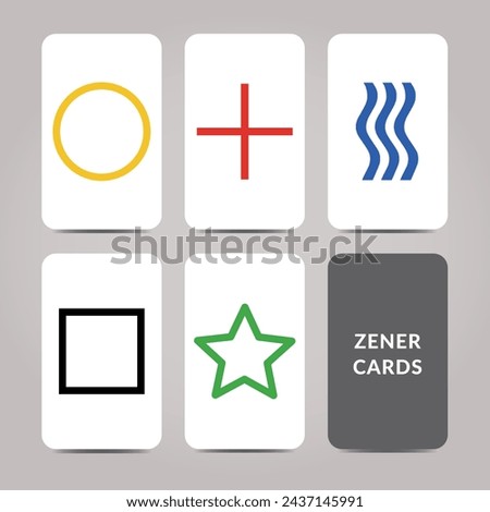 Zener Cards Deck - 5 Elements Vector Illustration 5 Colors - Tool Method for Telepathy Testing - Circle, Plus, Waves, Square and Star Symbols