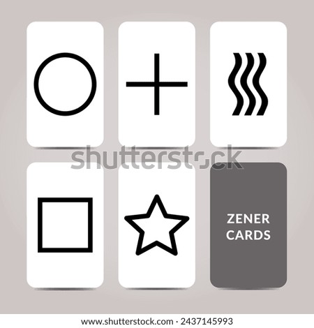 Zener Cards Deck - 5 Elements Vector Illustration - Tool Method for Telepathy Testing - Circle, Plus, Waves, Square and Star Symbols Black and White