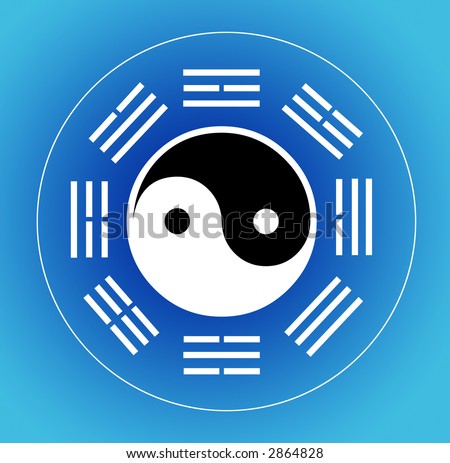 circle with yin yang symbol and I-ching over blue background