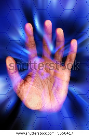 male open palm of hand with blue abstract background and honeycomb grid