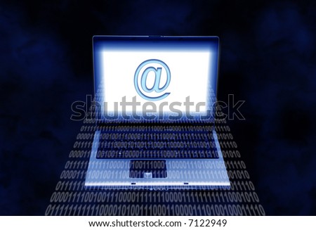 laptop computer with binary digits flowing out of the screen and e-mail symbol